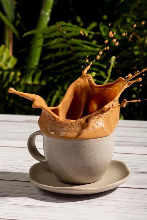 A coffee splashing out of a stone-coloured cup, with green plants behind